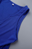 Azul casual letra patchwork liso sem costas decote em U sem mangas duas peças