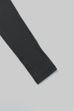 Zwarte casual patchwork jurken met contrasterende O-hals en lange mouwen