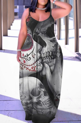 Dark Gray Halloween Casual Graphics Print Backless Spaghetti Strap Floor Length Vacation Baggy Sundress Slip Maxi Dress