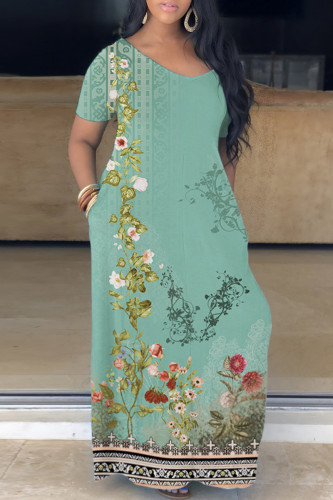 Green Casual Print Basic V Neck Short Sleeve Dress Dresses