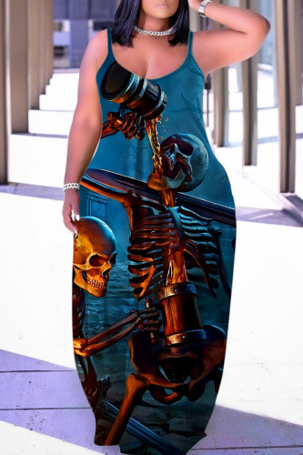 Blue Halloween Casual Graphics Print Backless Spaghetti Strap Floor Length Vacation Baggy Sundress Slip Maxi Dress