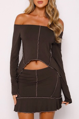 Brown Casual Solid Patchwork Asymmetrical Off the Shoulder Long Sleeve Two Pieces