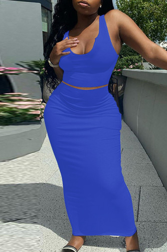 Blue Casual Letter Solid Patchwork Backless U Neck Sleeveless Two Pieces