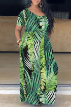 Grün Casual Print Basic V-Ausschnitt Kurzarm Kleid Kleider