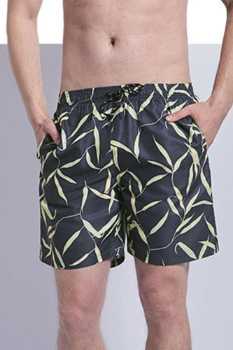 Shorts preto casual com estampa de férias patchwork bolso