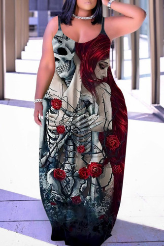 Red Halloween Casual Graphics Print Backless Spaghetti Strap Floor Length Vacation Baggy Sundress Slip Maxi Dress
