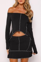 Black Casual Solid Patchwork Asymmetrical Off the Shoulder Long Sleeve Two Pieces