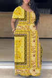 Vit Gul Casual Print Basic V-ringad kortärmad klänning