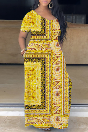 Yellow Casual Print Basic V Neck Short Sleeve Dress Dresses