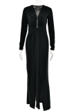 Черное сексуальное однотонное платье в стиле пэчворк с разрезом и V-образным вырезом