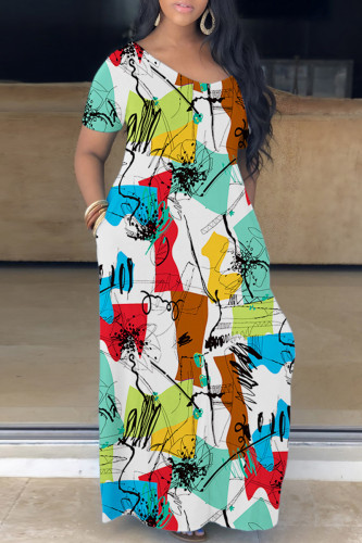 White Casual Print Basic V Neck Short Sleeve Dress Dresses