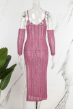 Розово-красное сексуальное однотонное открытое прозрачное платье с открытой спиной и разрезом на бретелях с U-образным вырезом (с рукавами)