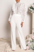 White Sexy Casual Solid Patchwork See-through Turtleneck Ruffle Trim Skinny Jumpsuits