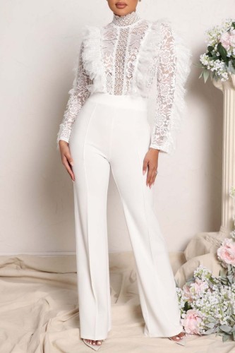 White Sexy Casual Solid Patchwork See-through Turtleneck Skinny Jumpsuits