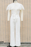 White Casual Street Solid Hollowed Out Mandarin Collar Regular Jumpsuits