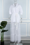 Branco Casual Sólido Patchwork Camisa com Gola Desligada Vestidos Vestidos (Com cinto)