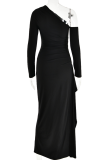 ブラックセクシーなソリッドパッチワークバックレス高開口部斜め襟不規則なドレスドレス