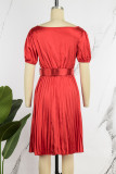 Red Casual Solid Patchwork With Belt V Neck Pleated Short Sleeve Dress