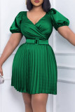 Red Casual Solid Patchwork With Belt V Neck Pleated Short Sleeve Dress