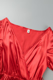 Red Casual Solid Patchwork With Belt V Neck Pleated Short Sleeve Dress