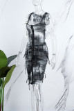 Dark Gray Casual Print Patchwork U Neck Vest Dress Dresses