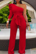 Red Casual Solid Bandage Patchwork Fold Oblique Collar Straight Jumpsuits