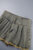 Tiefblaue Street Solid Patchwork-Faltenhose mit normaler mittlerer Taille und gerader einfarbiger Hose
