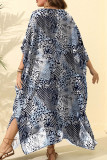 Blauw Plus Size Street Dot Luipaard Paisley Patchwork Asymmetrische print V-hals onregelmatige jurk Grote maten jurken