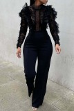 Black Sexy Casual Solid Patchwork See-through Turtleneck Ruffle Trim Skinny Jumpsuits