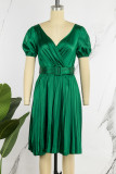 Red Casual Solid Patchwork With Belt V Neck Pleated Short Sleeve Dress