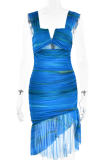 Blaue, legere, lässige, bedruckte, rückenfreie Volant-Falten-Reißverschluss-Quadratkragen-Trompeten-Meerjungfrauenkleider