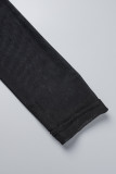 Schwarze, sexy, einfarbige, durchsichtige, langärmlige Patchwork-Kleider mit O-Ausschnitt
