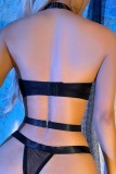 Roze sexy stevige uitgeholde patchwork doorzichtige kettingen backless lingerie