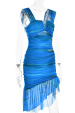 Blaue, legere, lässige, bedruckte, rückenfreie Volant-Falten-Reißverschluss-Quadratkragen-Trompeten-Meerjungfrauenkleider