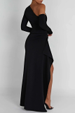 Zwarte sexy effen patchwork backless hoge opening schuine kraag onregelmatige jurk jurken