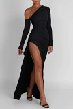 Schwarze, sexy, solide, rückenfreie Patchwork-Kleider mit hoher Öffnung, schrägem Kragen und unregelmäßigem Kleid
