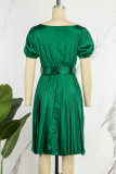 Red Casual Solid Patchwork With Belt V Neck Pleated Short Sleeve Dress
