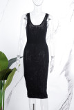 黒のセクシーなカジュアルソリッドバックレススパゲッティストラップノースリーブドレスドレス