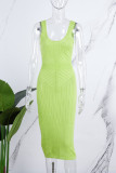 Фруктовое зеленое сексуальное повседневное однотонное платье без рукавов с открытой спиной на тонких бретелях