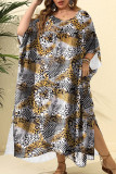 Schwarz Grau Plus Size Street Dot Leopard Paisley Patchwork Asymmetrischer Druck V-Ausschnitt Unregelmäßiges Kleid Plus Size Kleider