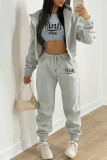 Burgundy Fashion Casual Letter Print Cardigan Vests Pants Hooded Collar Long Sleeve Three-piece Set