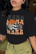 Camisetas con cuello en O y letra de calavera con estampado vintage de calle negro