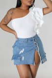 The cowboy blue Casual Solid Patchwork Slit High Waist Skinny Ripped Denim Mini Skirts