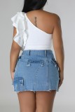 The cowboy blue Casual Solid Patchwork Slit High Waist Skinny Ripped Denim Mini Skirts
