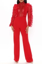 Red Sexy Casual Solid Patchwork See-through Turtleneck Ruffle Trim Skinny Jumpsuits