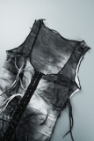 Donkergrijze casual print patchwork U-hals vest jurkjurken