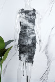 Темно-серое повседневное платье с принтом в стиле пэчворк и U-образным вырезом Платья