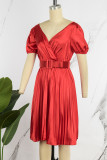 Red Casual Solid Patchwork With Belt V Neck Pleated Short Sleeve Dress