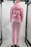 Розовый модный повседневный кардиган с буквенным принтом, жилеты, брюки, воротник с капюшоном, длинный рукав, комплект из трех предметов