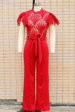 Red Casual Street Solid Hollowed Out Mandarin Collar Regular Jumpsuits